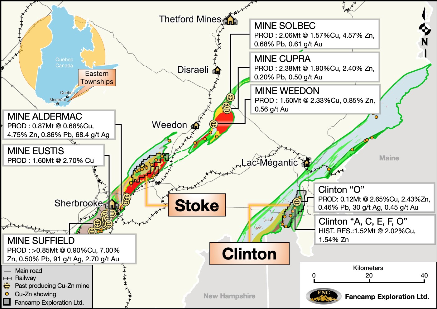 Areas of past copper mineralization at Stoke and Clinton Projects 